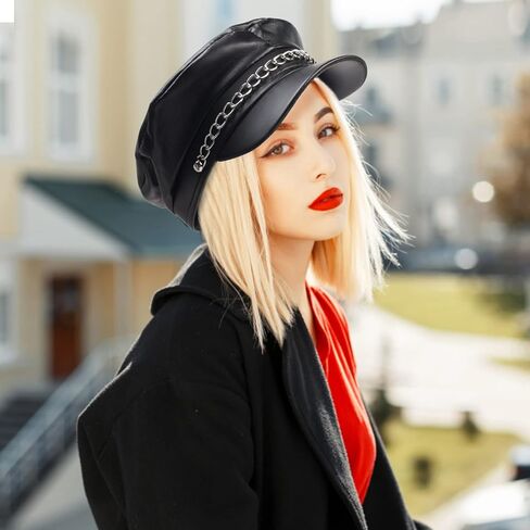 Yewong 4 قطع قبعة مسطحة لسائقي الدراجات النارية مع سلسلة من الجلد الأسود للسائق ليموزين يخت كابتن بحار قبعة من البولي يوريثان موزع الصحف تاكسي أجرة بيكر بوي قبعة بيريه بلغت ذروتها in Kuwait