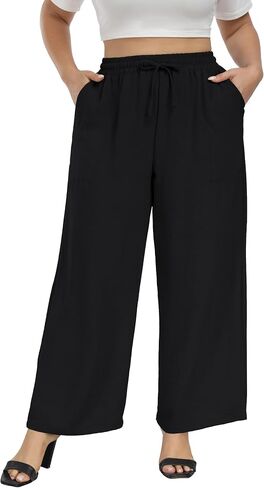 VOGUEMAX Womens Plus Size Wide Leg Pants Soft Casual Pants Loose Fit Comfy Drawstring High Waisted Pants with Pockets in Saudi Arabia