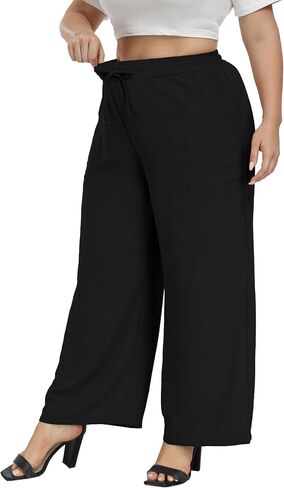 VOGUEMAX Womens Plus Size Wide Leg Pants Soft Casual Pants Loose Fit Comfy Drawstring High Waisted Pants with Pockets in Saudi Arabia