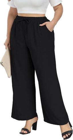 VOGUEMAX Womens Plus Size Wide Leg Pants Soft Casual Pants Loose Fit Comfy Drawstring High Waisted Pants with Pockets in Saudi Arabia