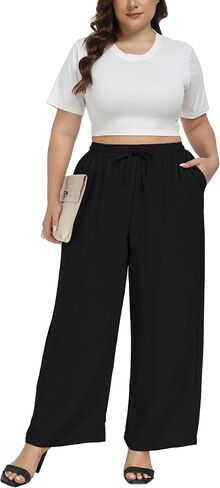 VOGUEMAX Womens Plus Size Wide Leg Pants Soft Casual Pants Loose Fit Comfy Drawstring High Waisted Pants with Pockets in Saudi Arabia