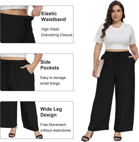 VOGUEMAX Womens Plus Size Wide Leg Pants Soft Casual Pants Loose Fit Comfy Drawstring High Waisted Pants with Pockets in Saudi Arabia