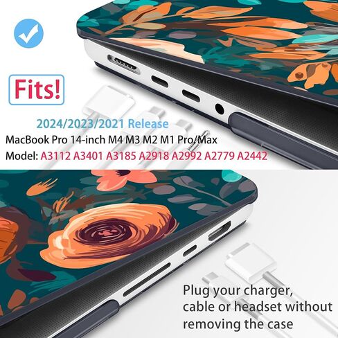 حافظة Mektron لجهاز MacBook Pro 14 بوصة 2023 2022 2021 موديل M3 A2918 A2992 M2 A2779 M1A2442 Pro/Max، غطاء حماية من البلاستيك الصلب لجهاز MacBook Pro 14 بوصة مع معرف اللمس، زهرة الداليا C035 in Kuwait