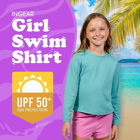 INGEAR Girls Long Sleeve Rash Guard Swim Shirt Outdoor Sports Shirt Lightweight Athletic Tee Protective in Kuwait