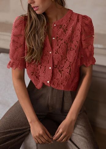 PRETTYGARDEN المرأة الصيف بلوزات الدانتيل قصيرة الأكمام نفخة عادية بلوزات أنيقة العيينة طاقم الرقبة زر أسفل القمصان in Saudi Arabia