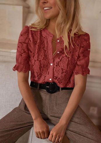 PRETTYGARDEN المرأة الصيف بلوزات الدانتيل قصيرة الأكمام نفخة عادية بلوزات أنيقة العيينة طاقم الرقبة زر أسفل القمصان in Saudi Arabia