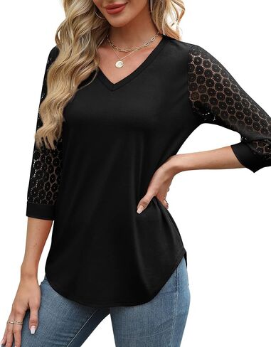 XIEERDUO 3/4 Length Sleeve Womens Tops V-Neck Lace Tunic Tops Business Casual Blouses 2025 in Kuwait