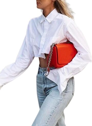 Remidoo Women's Asymmetrical Hem Long Sleeve Button Up Shirt Crop Top Blouse in Kuwait
