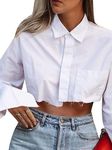 Remidoo Women's Asymmetrical Hem Long Sleeve Button Up Shirt Crop Top Blouse in Kuwait