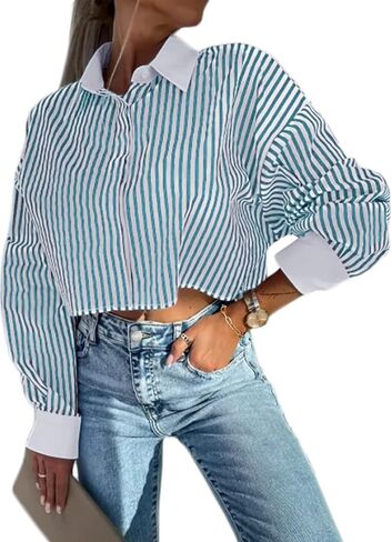 Remidoo Women's Asymmetrical Hem Long Sleeve Button Up Shirt Crop Top Blouse in Kuwait