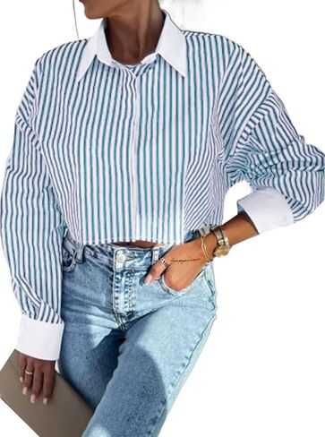 Remidoo Women's Asymmetrical Hem Long Sleeve Button Up Shirt Crop Top Blouse in Kuwait