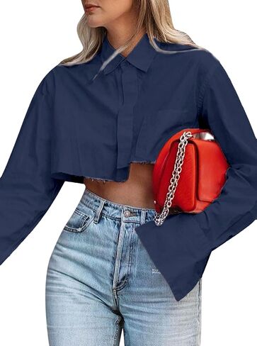 Remidoo Women's Asymmetrical Hem Long Sleeve Button Up Shirt Crop Top Blouse in Kuwait