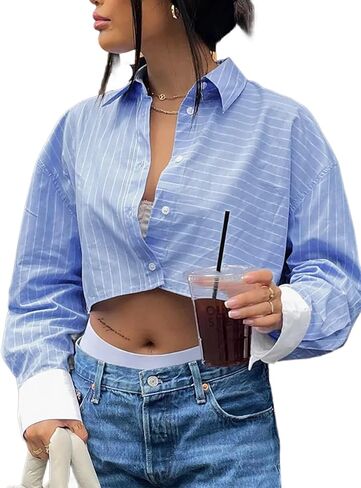 Remidoo Women's Asymmetrical Hem Long Sleeve Button Up Shirt Crop Top Blouse in Kuwait