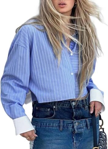 Remidoo Women's Asymmetrical Hem Long Sleeve Button Up Shirt Crop Top Blouse in Kuwait