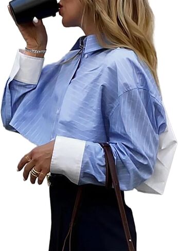 Remidoo Women's Asymmetrical Hem Long Sleeve Button Up Shirt Crop Top Blouse in Kuwait