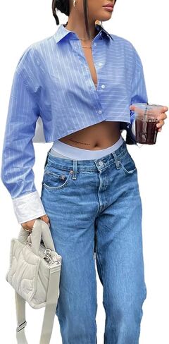 Remidoo Women's Asymmetrical Hem Long Sleeve Button Up Shirt Crop Top Blouse in Kuwait