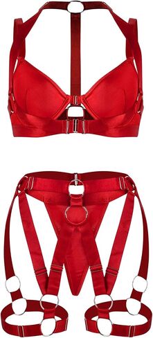 Lilosy Sexy PU Leather Strappy Underwire Push Up Garter Belt Women Lingerie Set Harness Cutout Bra in Saudi Arabia