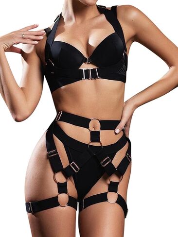 Lilosy Sexy PU Leather Strappy Underwire Push Up Garter Belt Women Lingerie Set Harness Cutout Bra in Saudi Arabia