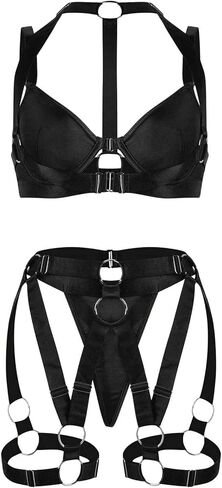 Lilosy Sexy PU Leather Strappy Underwire Push Up Garter Belt Women Lingerie Set Harness Cutout Bra in Saudi Arabia