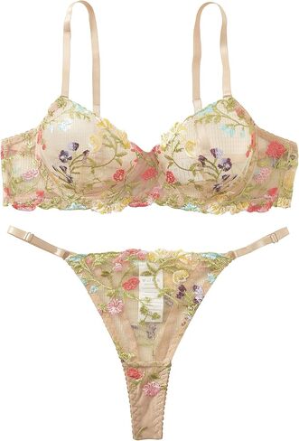 Sexy Floral Embroidered Flower Mesh Underwire Push Up Lingerie Set in Kuwait