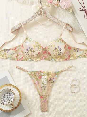 Sexy Floral Embroidered Flower Mesh Underwire Push Up Lingerie Set in Kuwait