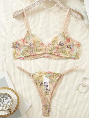 Sexy Floral Embroidered Flower Mesh Underwire Push Up Lingerie Set in Kuwait