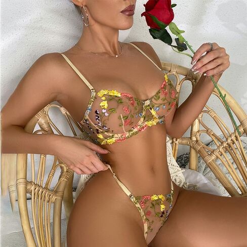 Sexy Floral Embroidered Flower Mesh Underwire Push Up Lingerie Set in Kuwait