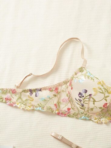 Sexy Floral Embroidered Flower Mesh Underwire Push Up Lingerie Set in Kuwait