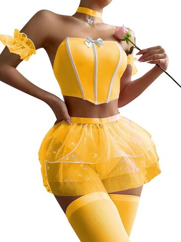 OYOANGLE Women's 6 Piece Babydoll Lingerie Set Bow Front Chemise Skirt Set with 1 Pair Stocking in Saudi Arabia