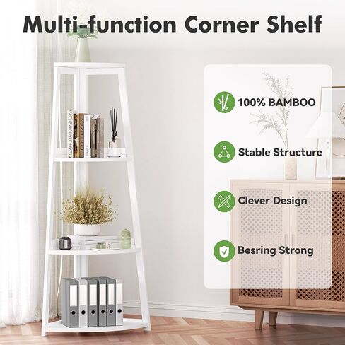4 Tier Corner Shelf, Bamboo Corner Shelf White, 47" Tall Corner Ladder Bookshelf, Corner Ladder Shelf,Corner Shelving Unit for Bathroom, Bedroom, Living Room, Small Space Decor in Saudi Arabia