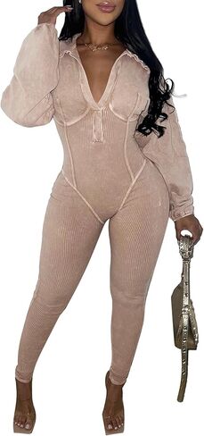 Voghtic Women's Sexy v Neck Bodycon Jumpsuit Distressed Long Sleeve Full Length Leggings Stretch One Piece Outfits in Kuwait