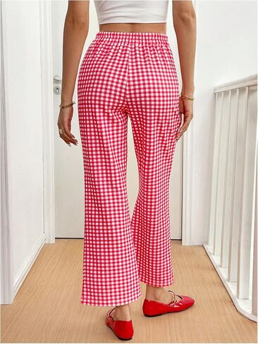 OYOANGLE Women's Plaid Elastic Waist Flared Leg Pants Y2K Gingham Bell Bottom Trousers Lounge Pants in Saudi Arabia