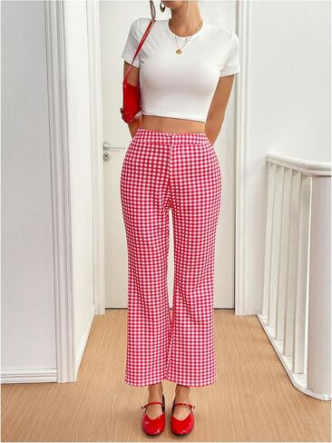 OYOANGLE Women's Plaid Elastic Waist Flared Leg Pants Y2K Gingham Bell Bottom Trousers Lounge Pants in Saudi Arabia
