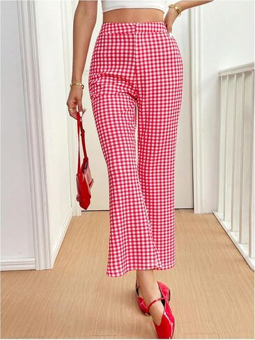 OYOANGLE Women's Plaid Elastic Waist Flared Leg Pants Y2K Gingham Bell Bottom Trousers Lounge Pants in Saudi Arabia