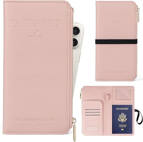 TIGARI Travel Wallet, Leather Passport Holder for Travel, Rfid Blocking Passport Wallet For Women, Zipper Pocket Card Slots Purses, Travel Document Organizer Waterproof Travel Accessories(Pink) in Kuwait
