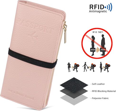 TIGARI Travel Wallet, Leather Passport Holder for Travel, Rfid Blocking Passport Wallet For Women, Zipper Pocket Card Slots Purses, Travel Document Organizer Waterproof Travel Accessories(Pink) in Kuwait