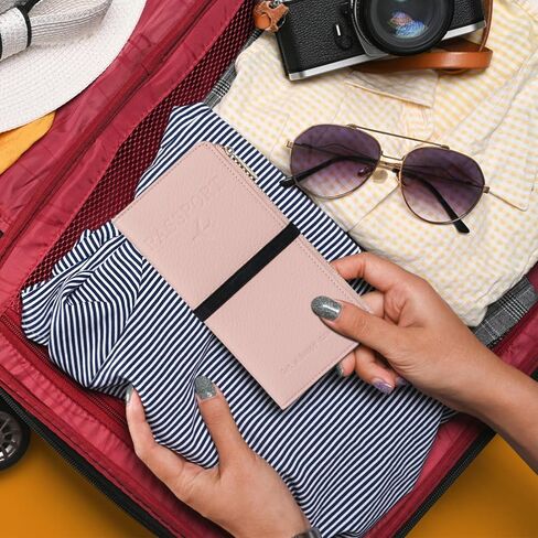 TIGARI Travel Wallet, Leather Passport Holder for Travel, Rfid Blocking Passport Wallet For Women, Zipper Pocket Card Slots Purses, Travel Document Organizer Waterproof Travel Accessories(Pink) in Kuwait