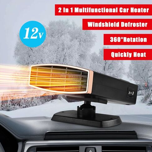 سخان السيارة، سخان السيارة المحمول 12 فولت، وصل في ولاعة السجائر 2 في 1 سريع التسخين وإزالة الصقيع ومزيل الضباب 360 درجة قابل للتدوير ومزيل ضباب الزجاج الأمامي للسيارة (ذهبي أسود) in Kuwait
