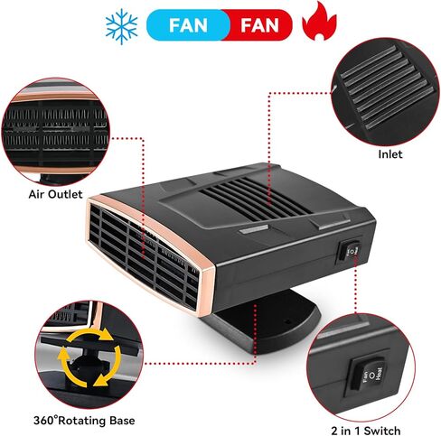 سخان السيارة، سخان السيارة المحمول 12 فولت، وصل في ولاعة السجائر 2 في 1 سريع التسخين وإزالة الصقيع ومزيل الضباب 360 درجة قابل للتدوير ومزيل ضباب الزجاج الأمامي للسيارة (ذهبي أسود) in Kuwait