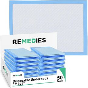 Remedies - Bed Pads Disposable Adults, Seniors, Kids & Puppy Pads - 23" x 36" - Large Disposable Underpads - 50 Count, Incontinence Underpads for Beds & Furniture, Dog Pee Pads, Dogs Chucks Pads