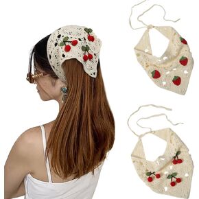 AWAYTR Crochet Bandana Head Kerchief Hair Scarf 2Pcs Knitted Scarves Tie Bcak Floral Headwrap for Women Girls