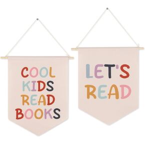Cool Kids Read Books Hanging Banner-Kids Wall Decor, Let's Read Reading Corner Decor, Reading Nook Wall Art, 2 Pcs Boho Wooden Canvas Banner for Classroom Library Home Kids Room Nursery Preschool