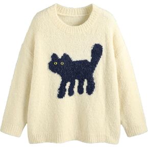 CIDER Women’s Cat Sweater Long Sleeve Crew Neck Fun Graphic Cute Patterned Pullover Sweater Tops