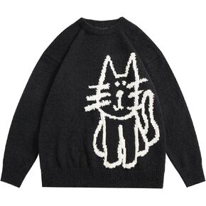 Aelfric Eden Women's Pullover Sweater Hand Drawn Cat Graphic Printed Oversized Sweater Fall Winter Fashion Couple Tops