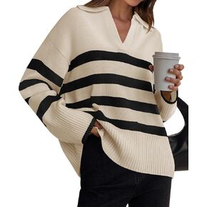 ZESICA Women's Winter Sweaters Lapel V Neck Long Sleeve Striped Chunky Knit Oversized Pullover Sweater Jumper Tops