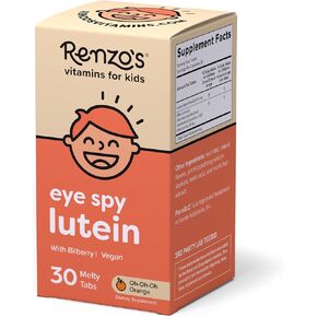 Renzo's Eye Spy Lutein with Bilberry Extract – Dissolvable Kids Vitamins for Eye Health - Sugar-Free Eye Supplements, 30 Orange-Flavored Melty Tabs