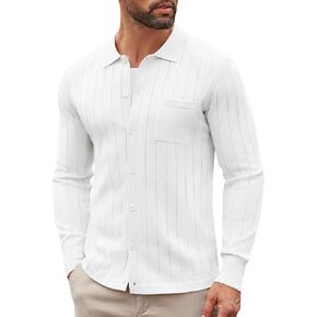 COOFANDY Men's Casual Knit Polo Shirts Long Sleeve Button Down Sweater Polo Ribbed Cardigan Sweater with Pocket
