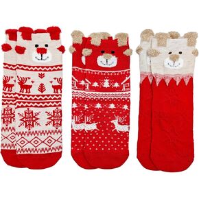 AIMI 3 Pairs Kids Elk Christmas Socks Girls Boys Holiday Sock Soft Casual Cotton Crew Socks with Gift Box for Children
