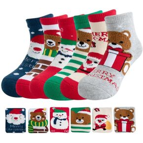 Christmas Socks for Kids Toddlers - Xmas Holiday Crew Socks for Boys and Girls - Winter Warm Socks 6 Pairs
