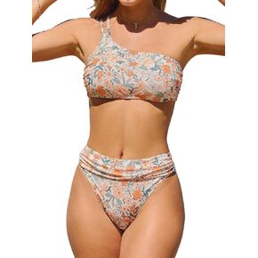 CUPSHE Women's Bikini Sets Two Piece One Shoulder Swimsuit High Waisted Cutout Adjustable Strap Ruched Cheeky Bottom